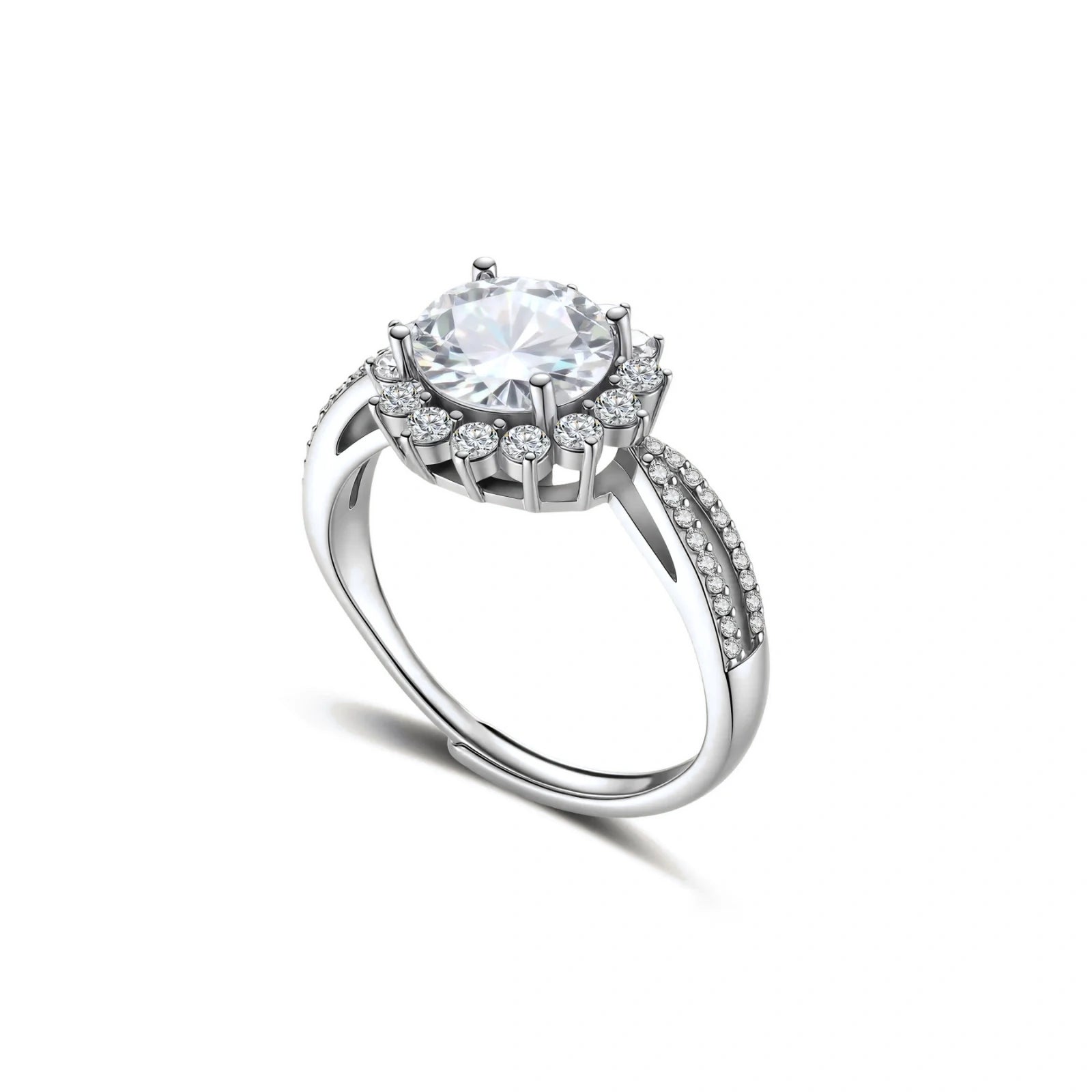 Close-up of sterling silver halo ring with brilliant round moissanite center stone surrounded by smaller accent stones
