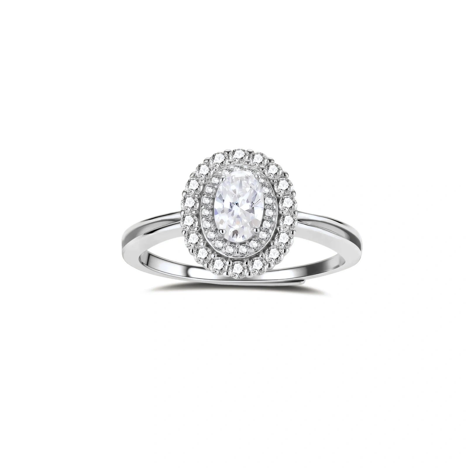 Sterling silver ring with oval moissanite center stone surrounded by double halo of sparkling stones on neutral background.