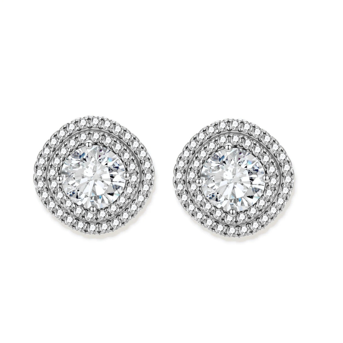 Double halo sterling silver stud earrings with brilliant round moissanite center stones and pavé crystal accents