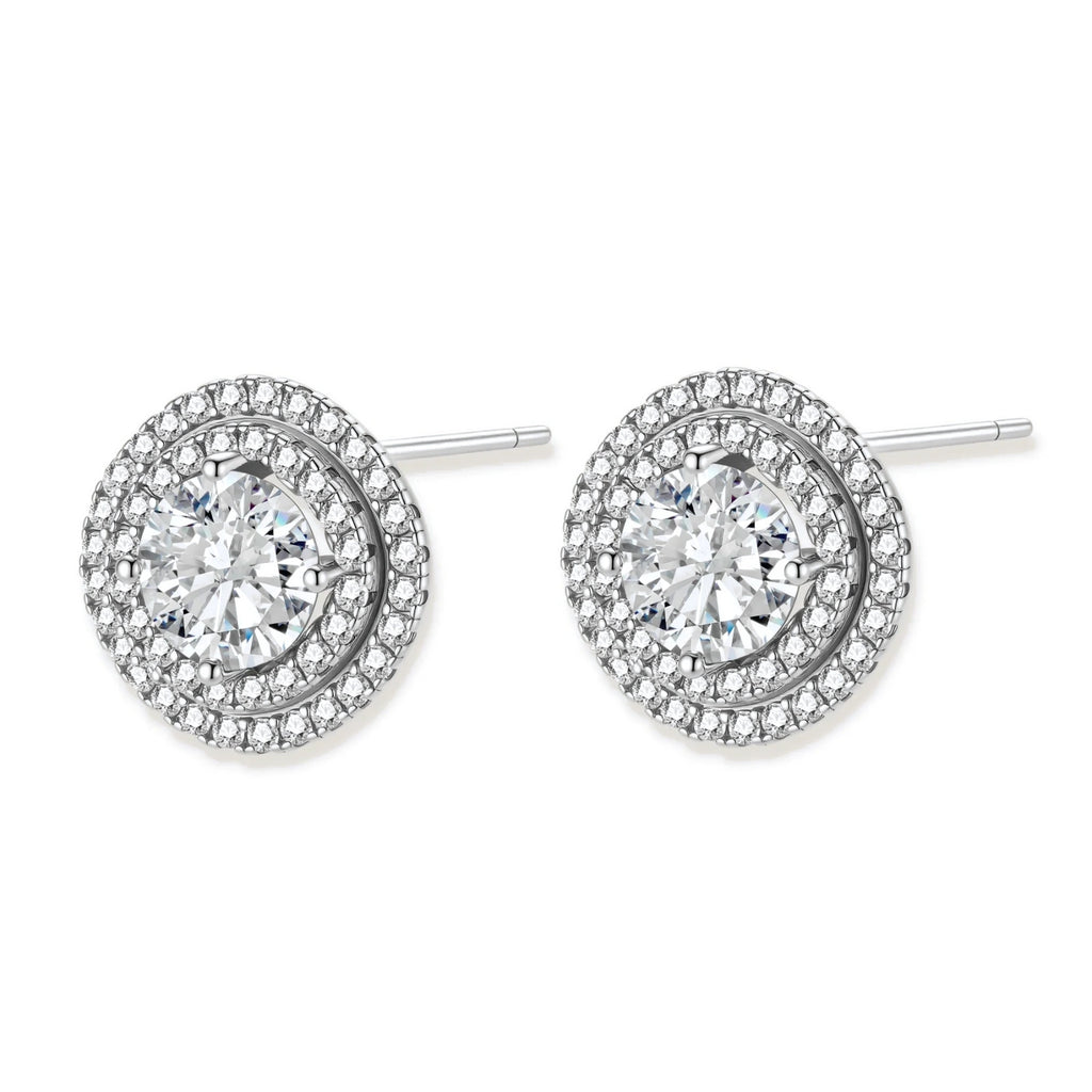 Double halo sterling silver stud earrings with brilliant round moissanite center stones and pavé crystal accents