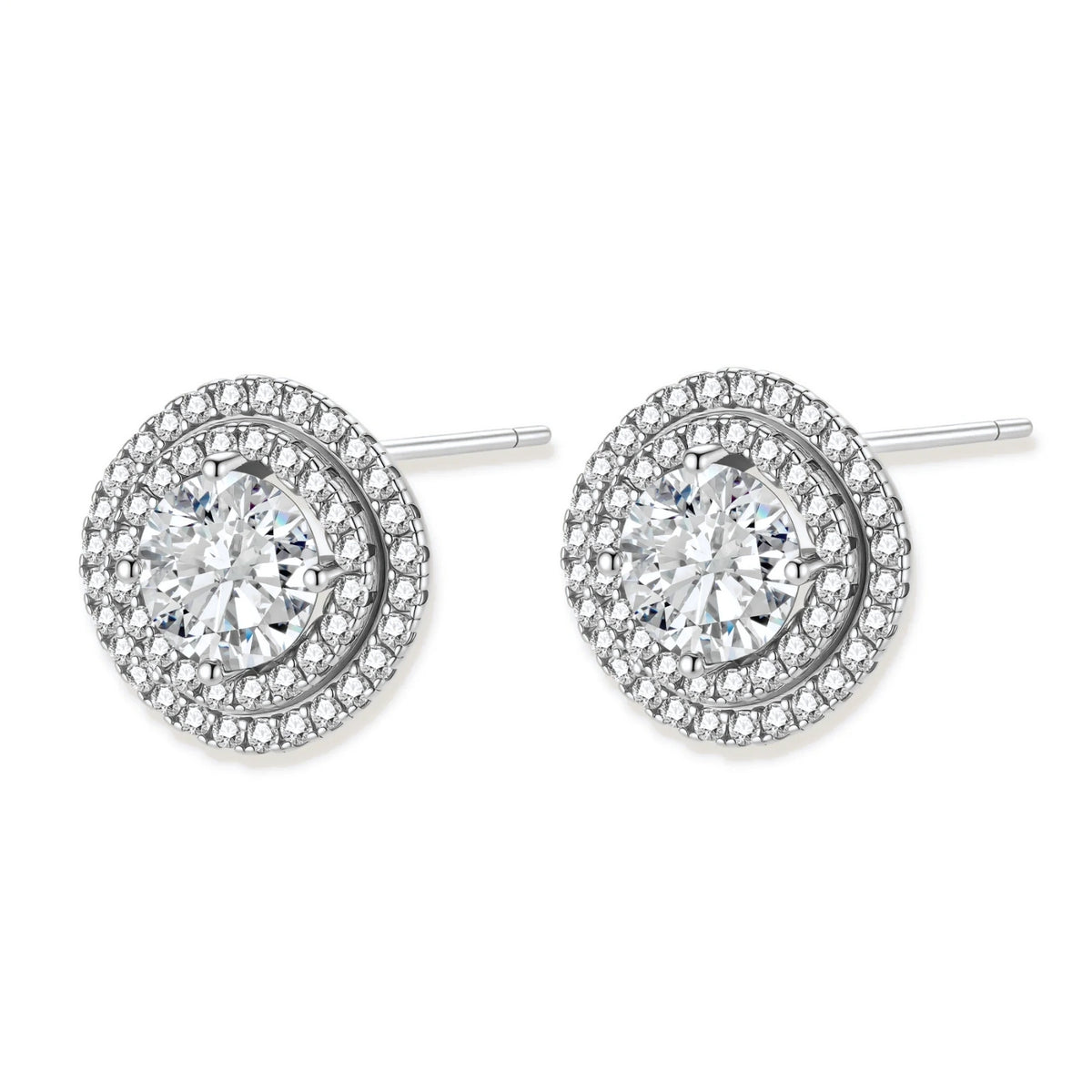 Double halo sterling silver stud earrings with brilliant round moissanite center stones and pavé crystal accents