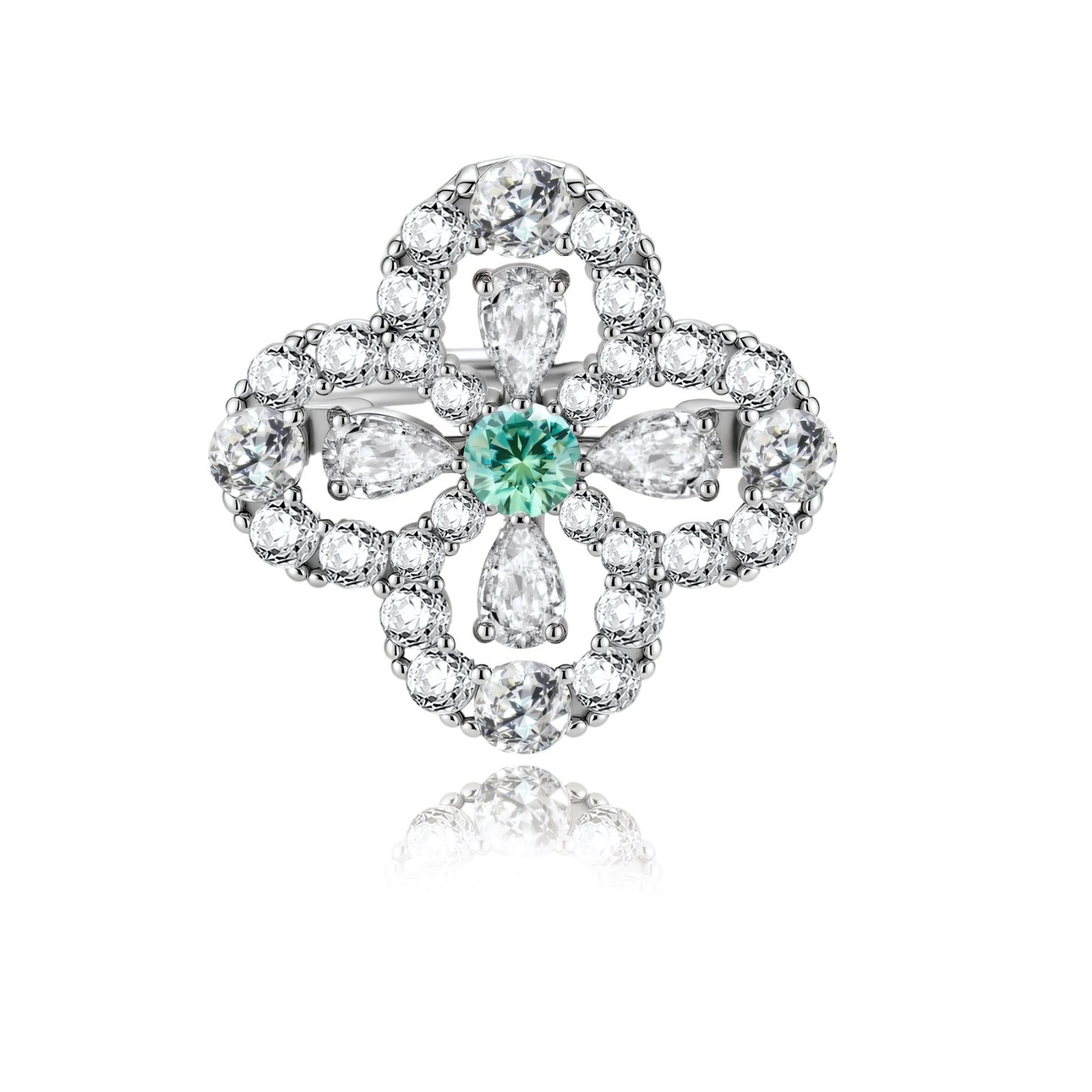 Sterling silver adjustable ring featuring four-leaf clover design with green center moissanite and clear accent stones