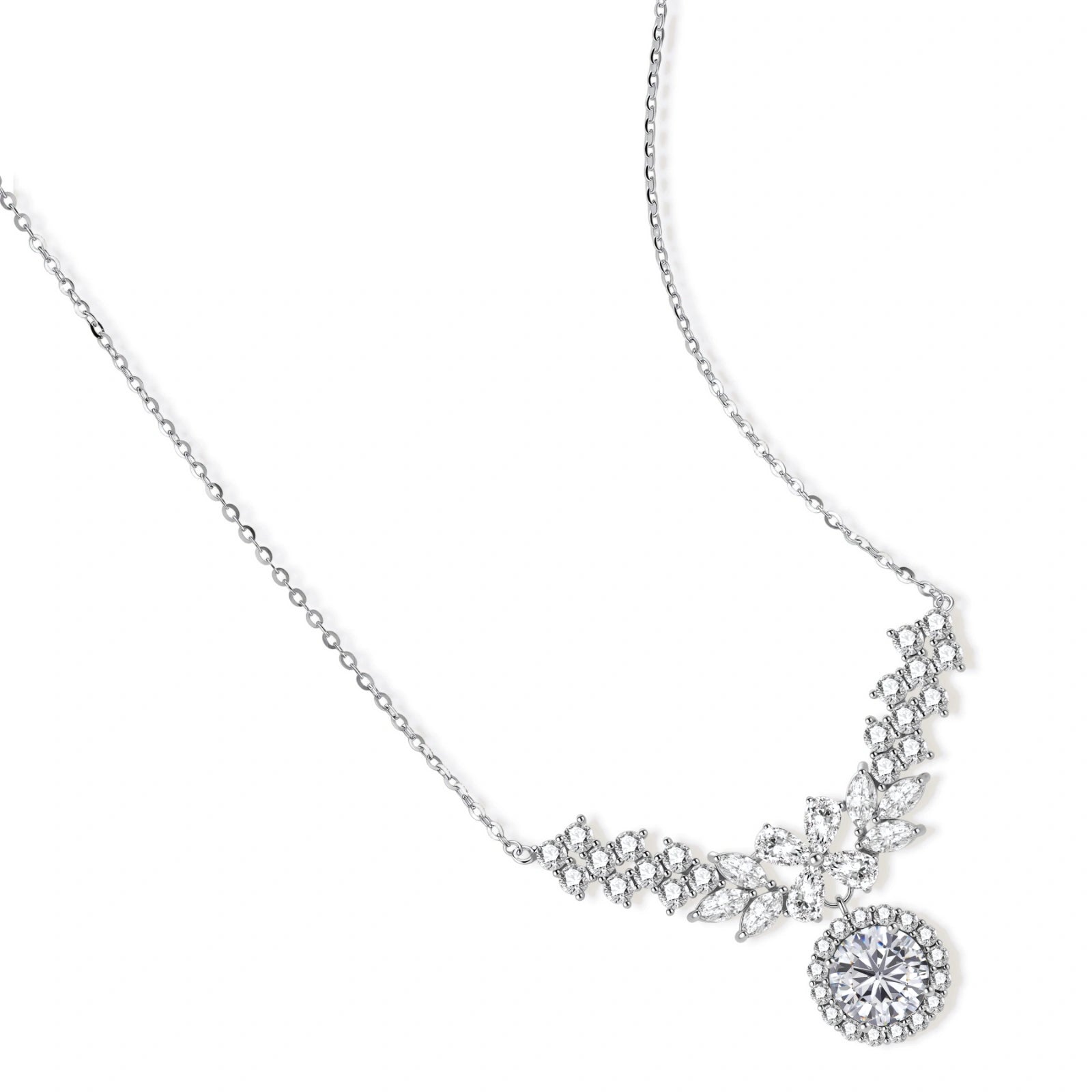 Elegant sterling silver necklace featuring intricate wing-like design with brilliant moissanite stones on neutral background.