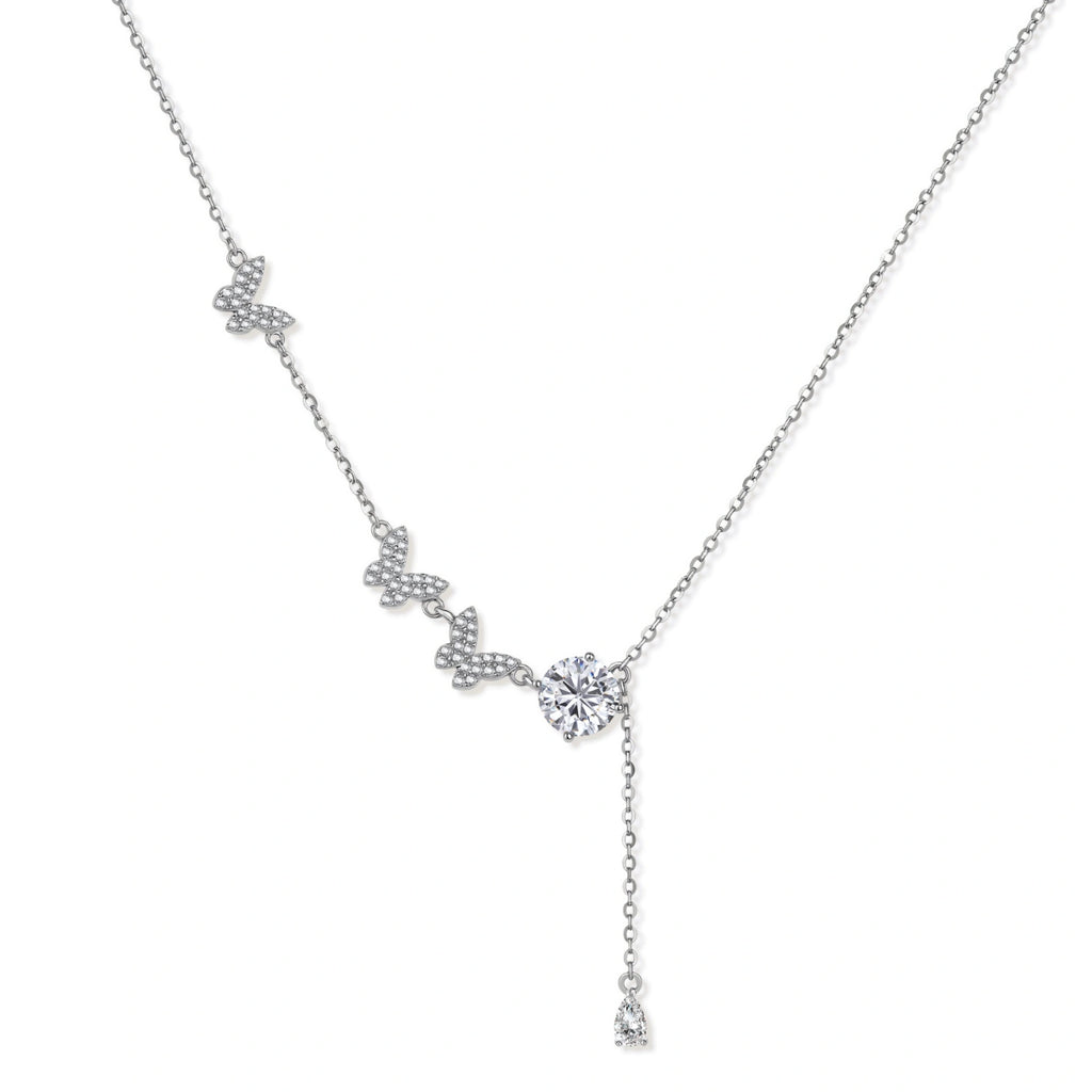 Sterling silver Y-shaped necklace with butterfly charms and brilliant moissanite stone with teardrop pendant