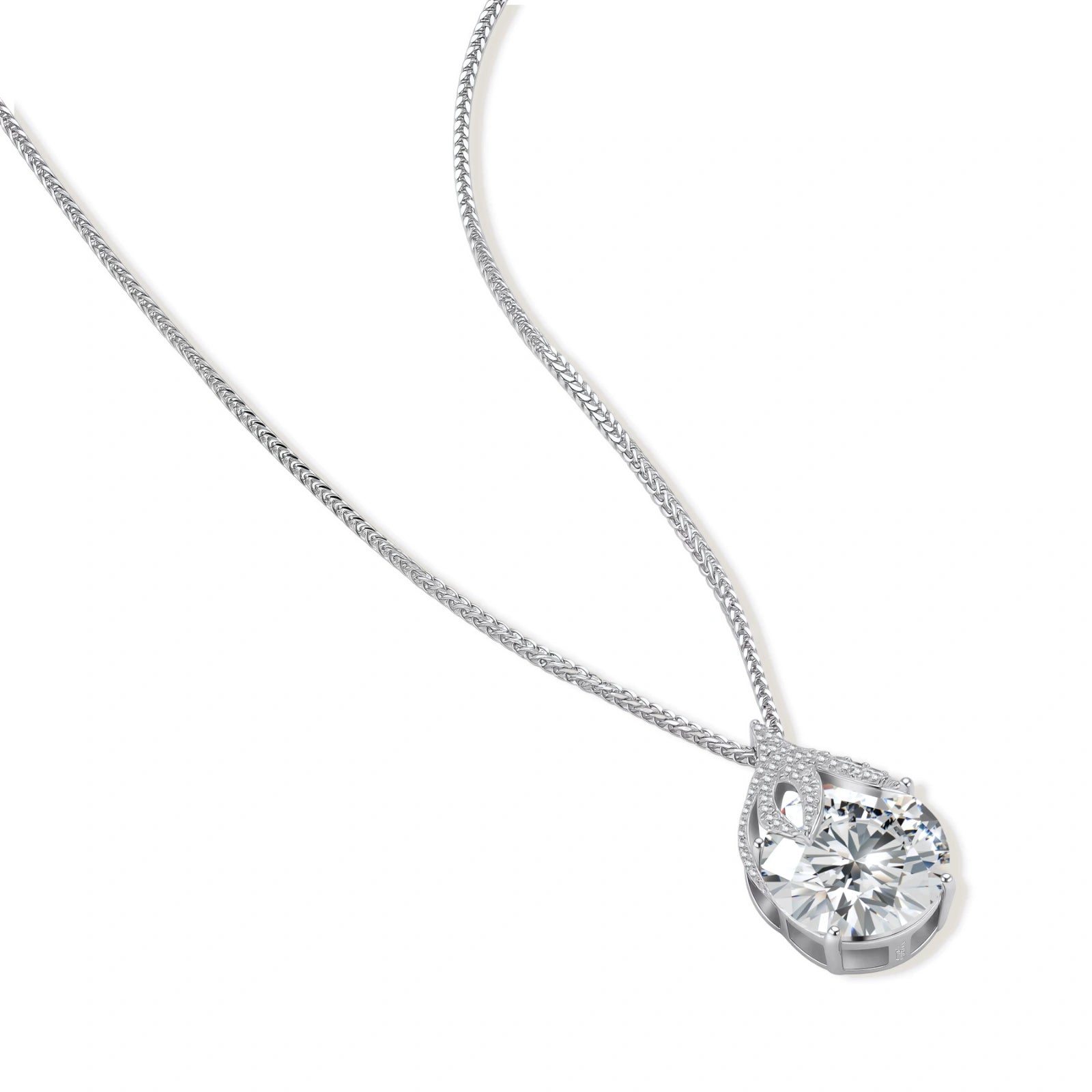 Sterling silver necklace featuring a large pear-shaped moissanite stone in an ornate setting with smaller accent stones