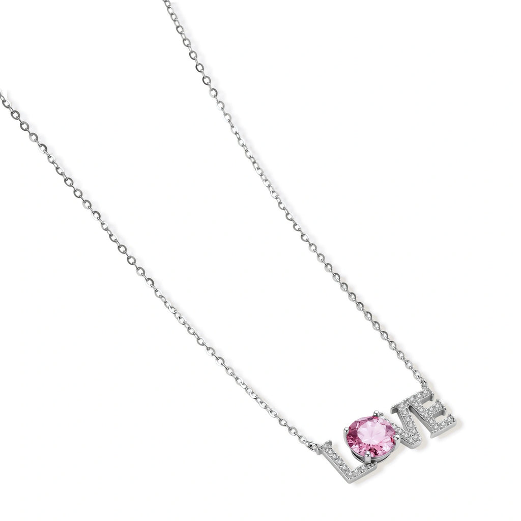 Sterling silver LOVE necklace with pink moissanite stone replacing the O, featuring crystal-set letters on delicate chain.