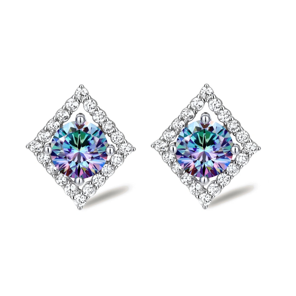 Diamond-shaped sterling silver stud earrings with rainbow moissanite centers surrounded by crystal halos