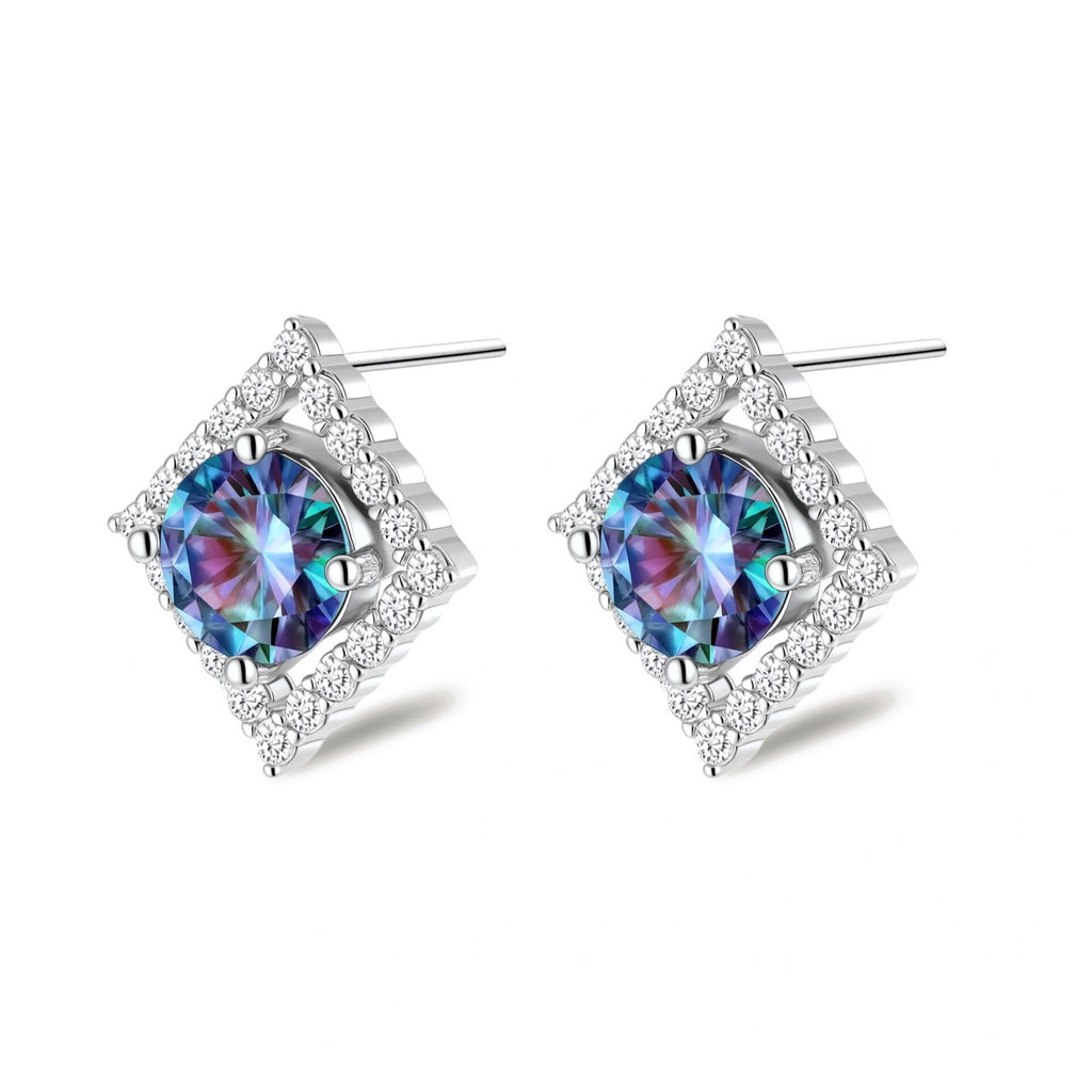 Diamond-shaped sterling silver stud earrings with rainbow moissanite centers surrounded by crystal halos