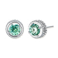 Round green moissanite stud earrings in sterling silver halo settings with brilliant sparkle on white background.