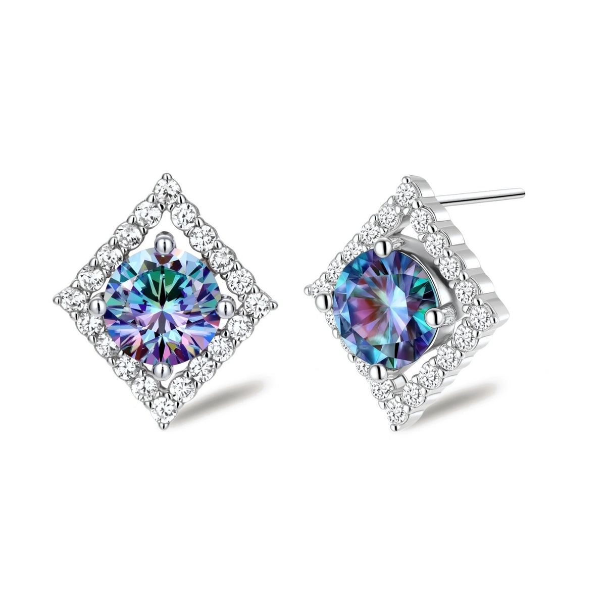 Diamond-shaped sterling silver stud earrings with rainbow moissanite centers surrounded by crystal halos
