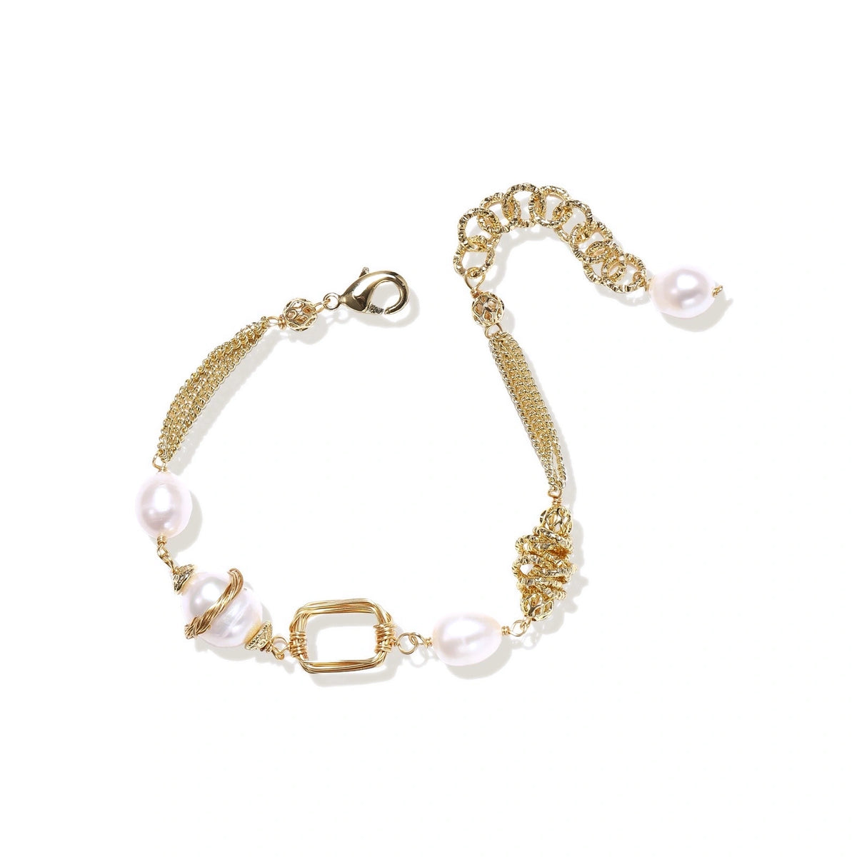 14K gold plated bracelet with freshwater pearls, filigree details, and mixed geometric elements on white background.