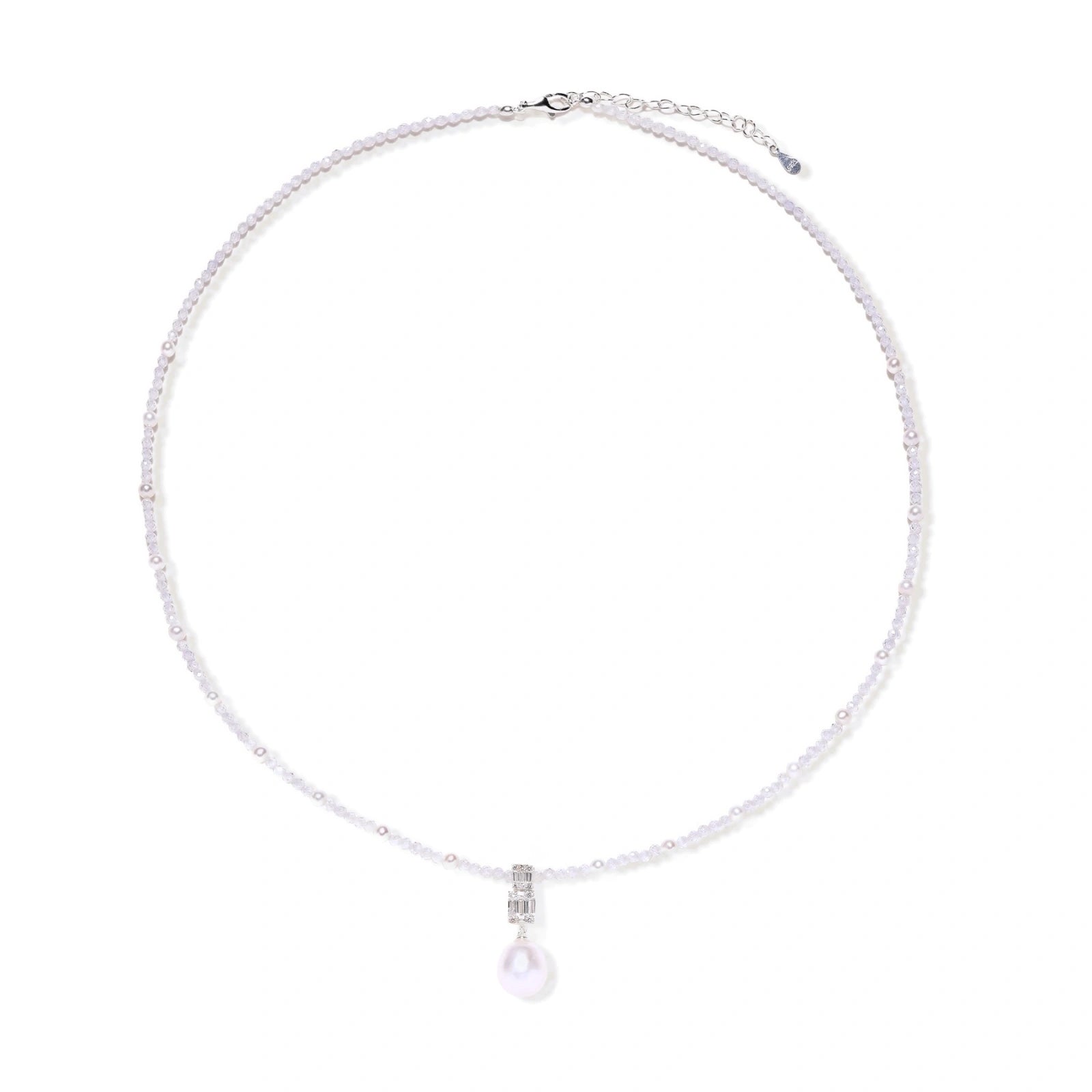 Dainty necklace with lavender crystal beads, freshwater pearls, geometric pendant, and large pearl drop on white background.