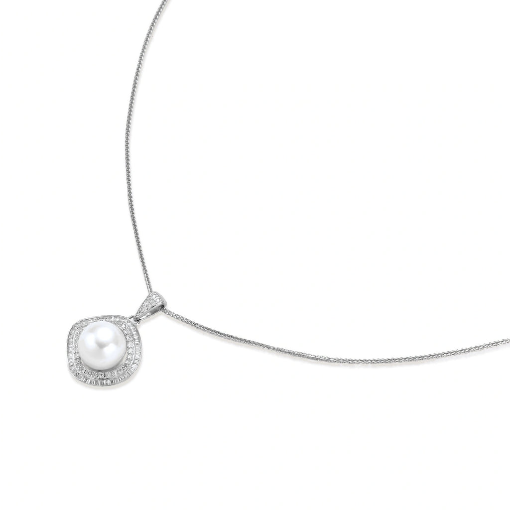 Cushion-shaped double halo pendant with 10mm freshwater pearl center on rhodium-plated sterling silver chain