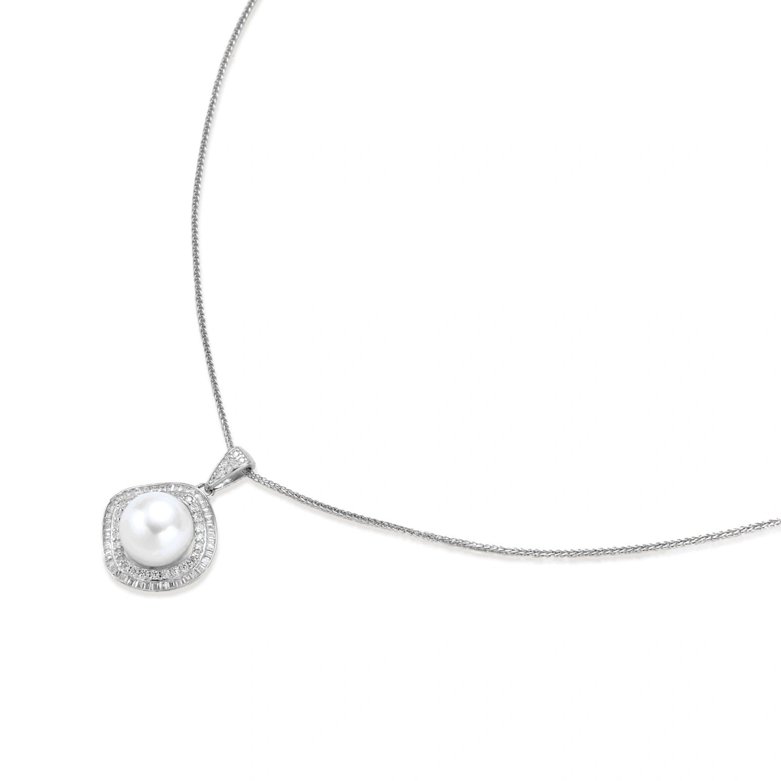 Cushion-shaped double halo pendant with 10mm freshwater pearl center on rhodium-plated sterling silver chain