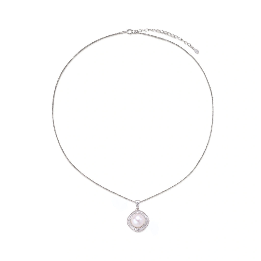 Cushion-shaped double halo pendant with 10mm freshwater pearl center on rhodium-plated sterling silver chain