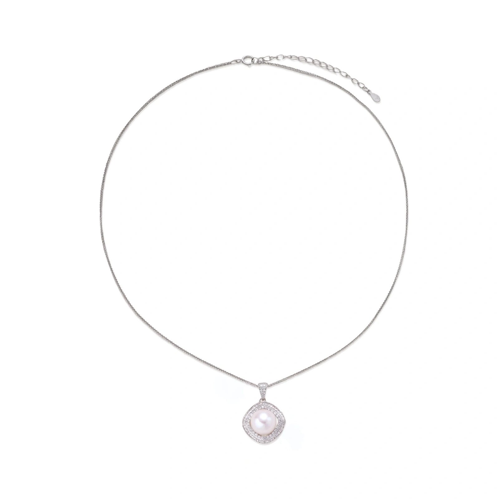 Cushion-shaped double halo pendant with 10mm freshwater pearl center on rhodium-plated sterling silver chain