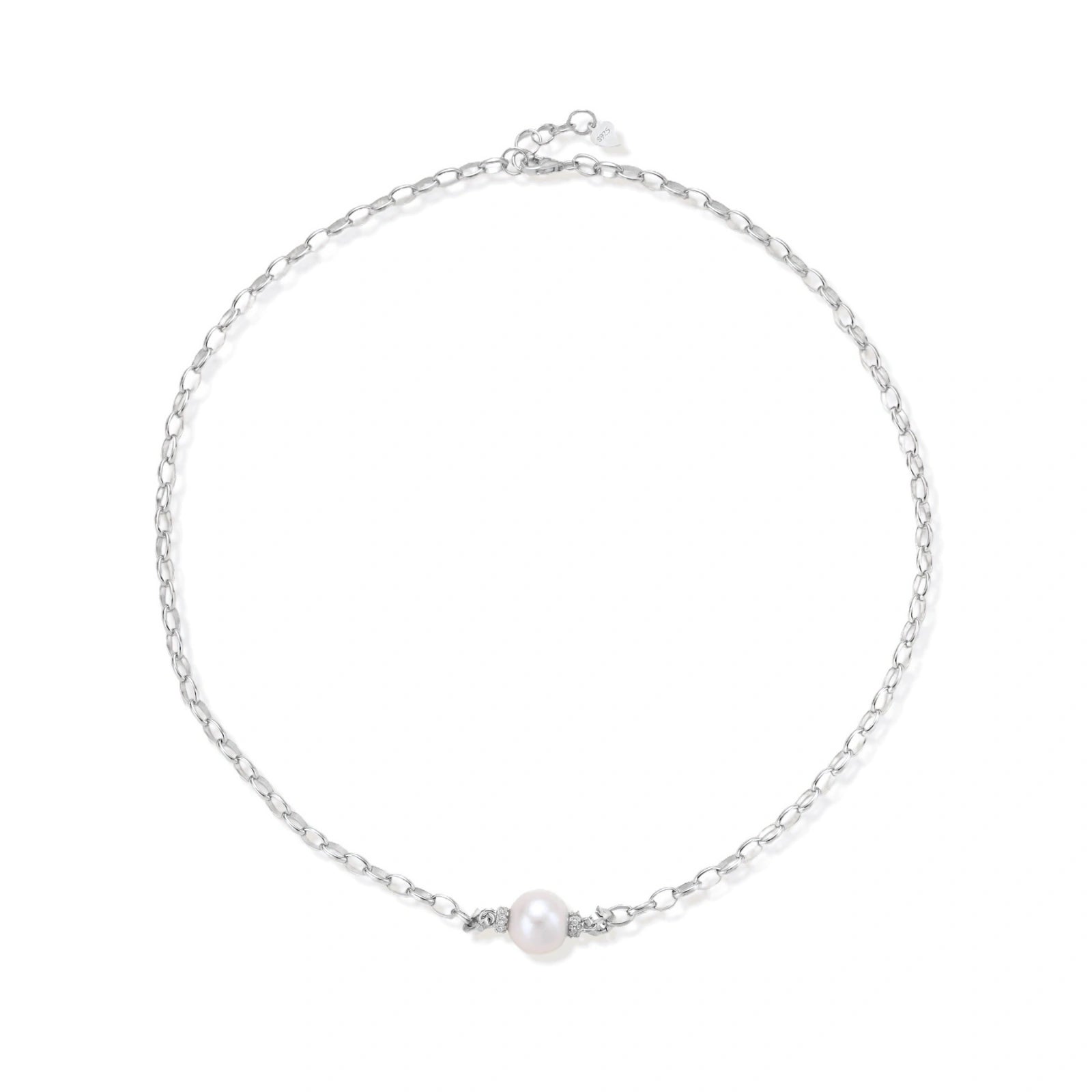 Dainty rhodium-plated silver chain necklace with centered 10mm freshwater pearl and crystal accents on cream background