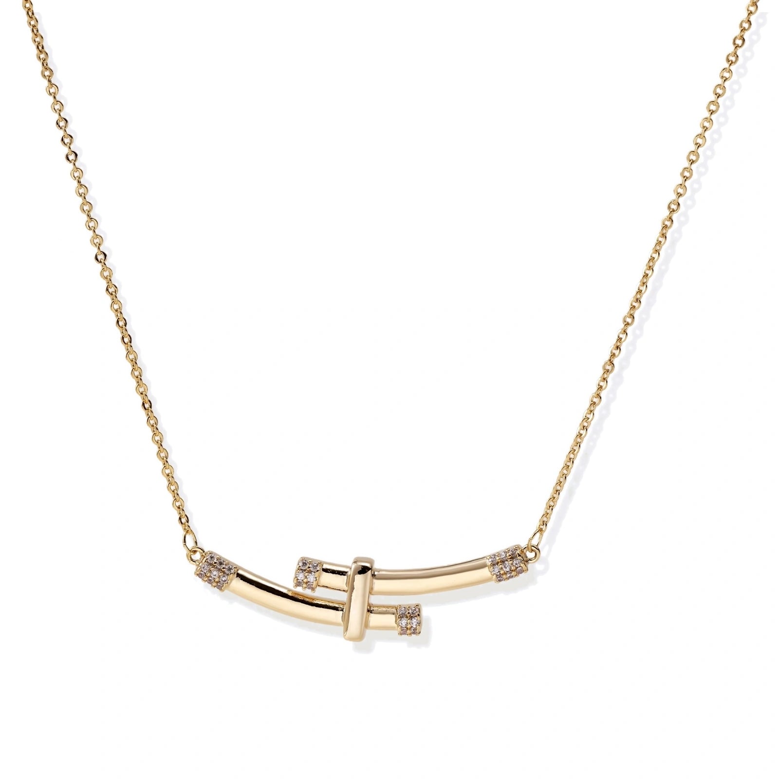 Gold-plated curved bar necklace with diamond accents on delicate chain against cream background