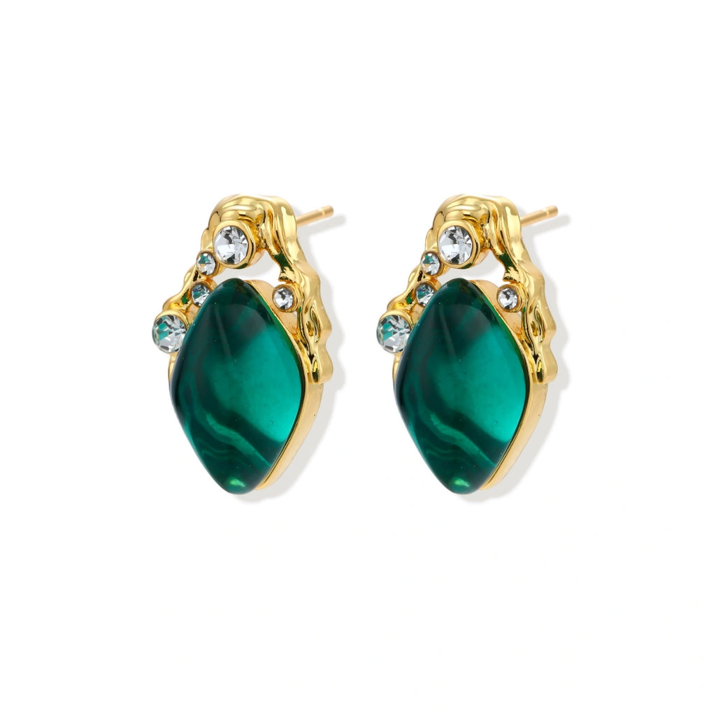 Gold-plated stud earrings featuring teardrop emerald green liuli stones with cubic zirconia crystal accents on white background.