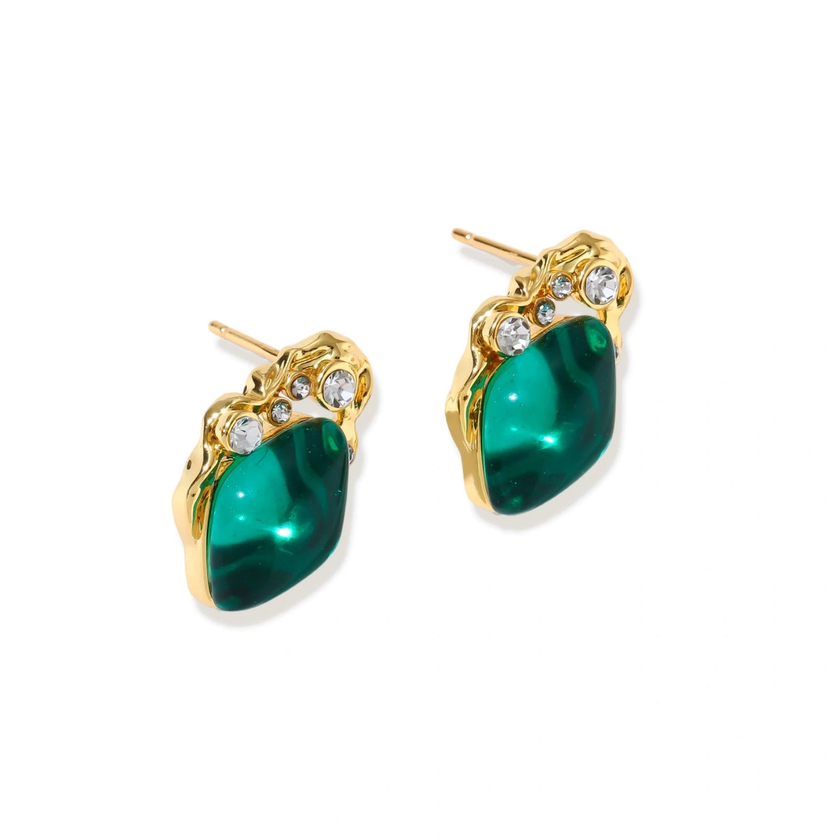 Gold-plated stud earrings featuring teardrop emerald green liuli stones with cubic zirconia crystal accents on white background.