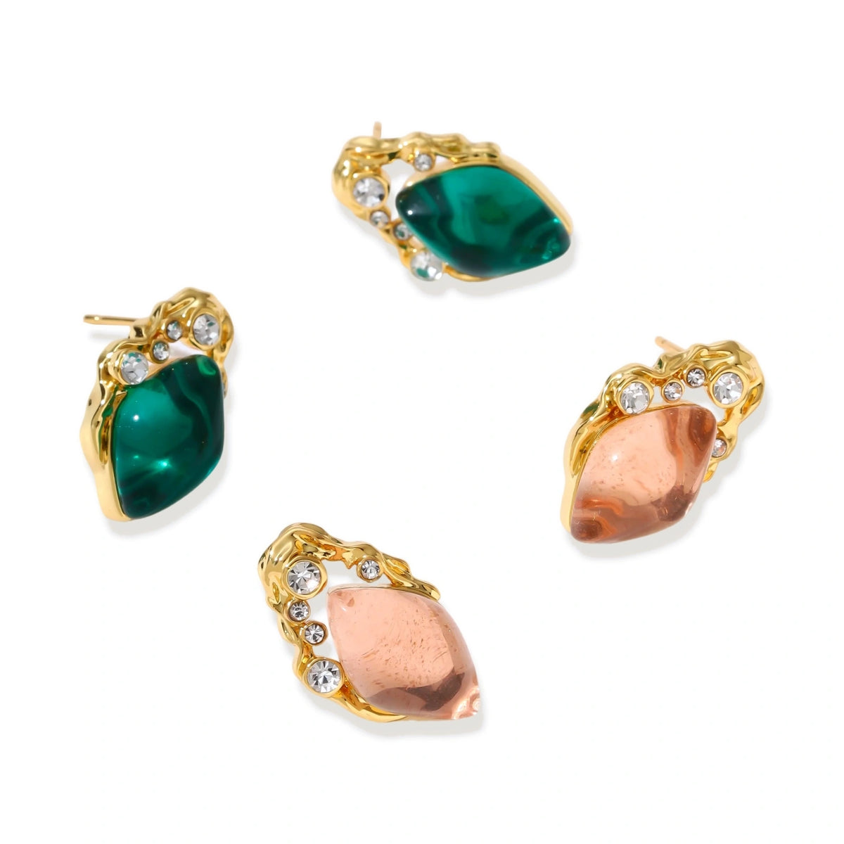 Gold-plated stud earrings featuring teardrop emerald green liuli stones with cubic zirconia crystal accents on white background.