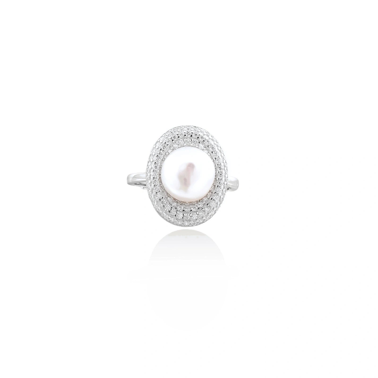 Silver ring with lustrous white pearl center surrounded by sparkling crystal halo on light background.