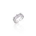 Silver-toned adjustable crown ring with channel-set square zirconia stones and delicate floral details on white background